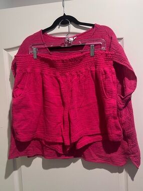 Pink xxl gauze cotton shorts set three dot